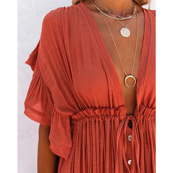 Boho Maxi Dress Rayon Polyester Summer Casual Beach Vacation Flowy Maxi - Picture 5 of 6